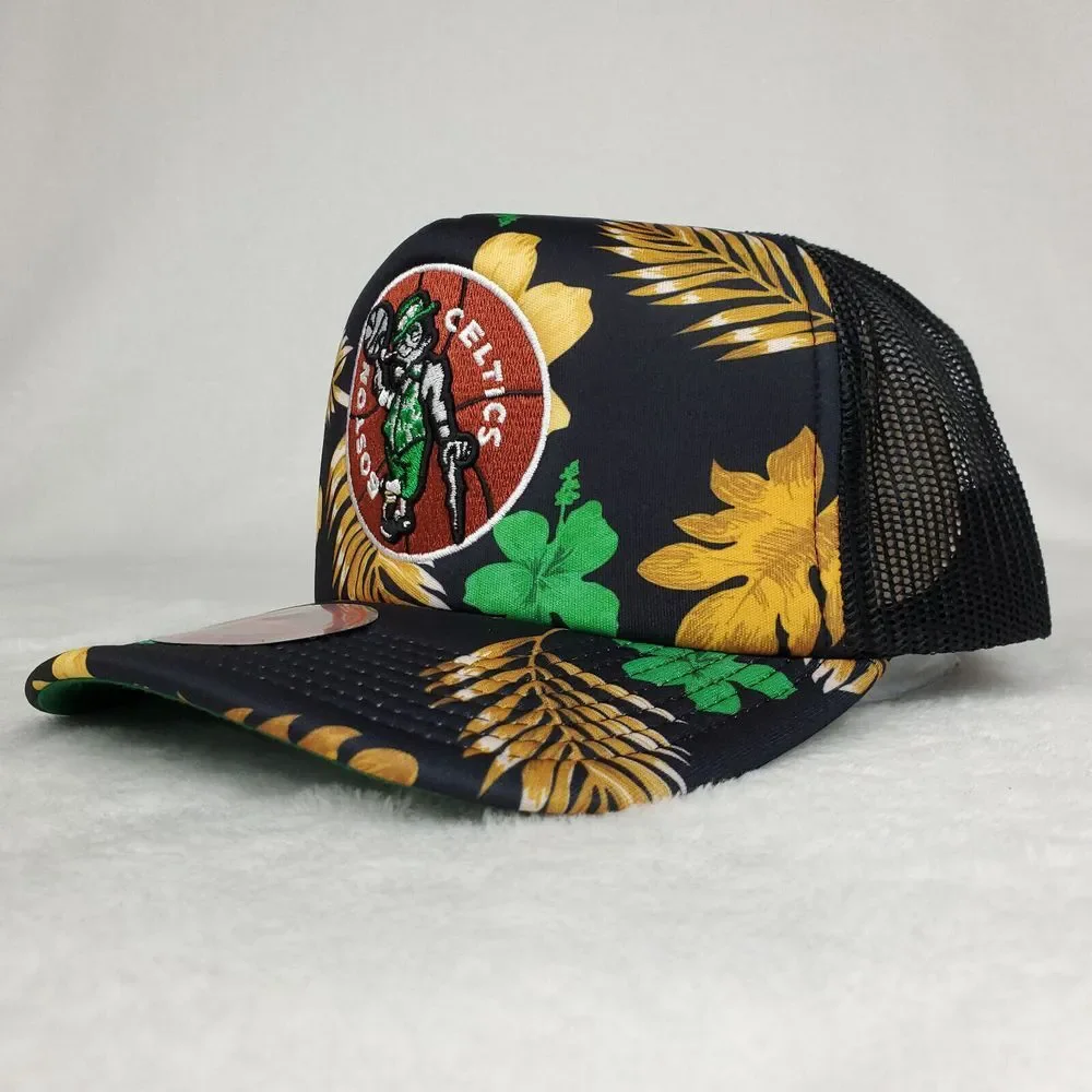 Boston Celtics Mitchell & Ness Trucker Snapback Hat Cap 3D Logo Black Floral NWT